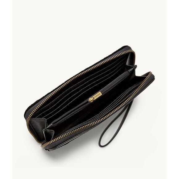 New Fossil Jori Zip Clutch wristlet RFID wallet Velvet & Leather Black - Picture 2 of 2